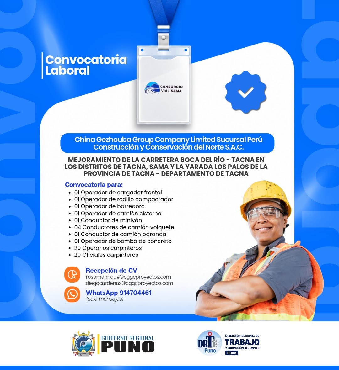 Flyer Operadores, conductores y personal de carpintería en el proyecto de mejoramiento de la carretera