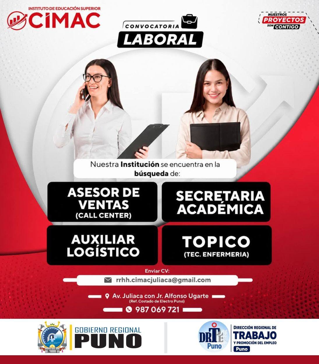 Flyer Asesor de Ventas, Secretaria Académica, Auxiliar Logístico y Tópico