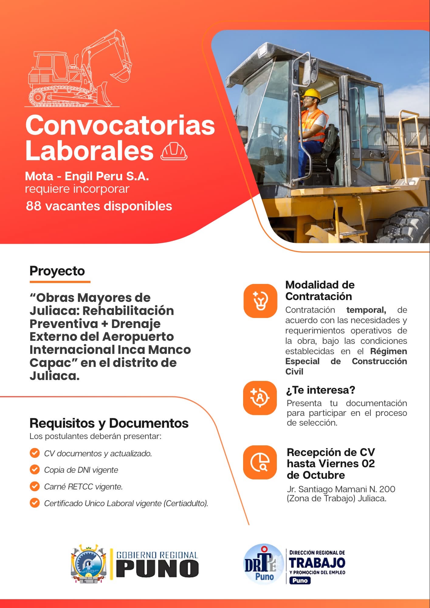 Flyer Obras Mayores de Juliaca: Rehabilitación Pavimentos + Drenaje Externo del Aeropuerto Internacional Inca Manco Cápac